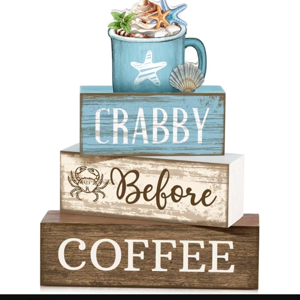 Crabby Before Coffee Coastal Block Sign - Blue/Brown